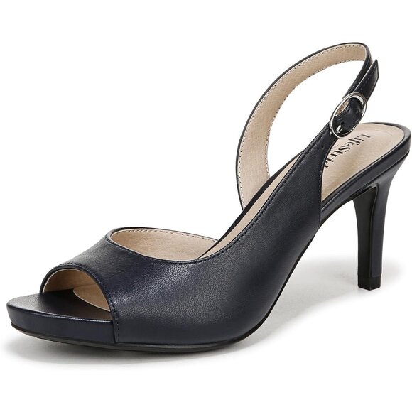 LifeStride Womens Lux Navy Faux Leather Slingback Peep Toe Pumps Heeled Sandal - Picture 1 of 9